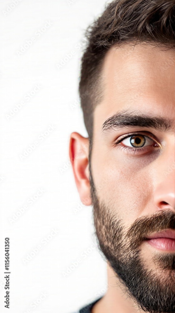 Obraz premium Close up of young man face half visible showing eye beard short hair