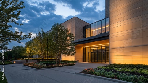 Ultra-Modern Architectural Facade with Clean Lines, Soft Lighting, and Minimalist Entrance photo