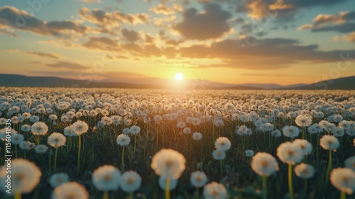 Sunrise over a field of dandelions with vibrant colors and soft clouds