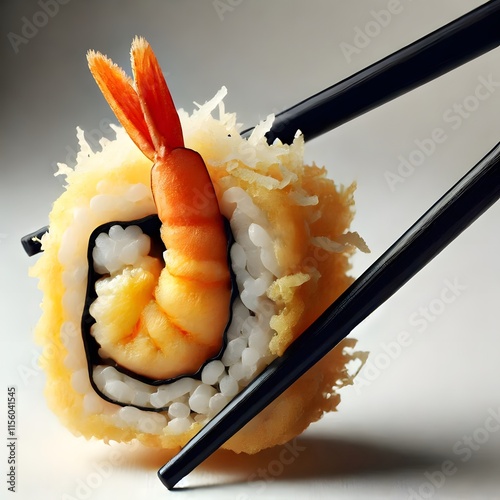 Chopsticks Holding Sushi Isolated on a White Background. Generative Ai