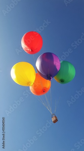 Colorful balloons lift a small basket into the clear blue sky on a sunny day