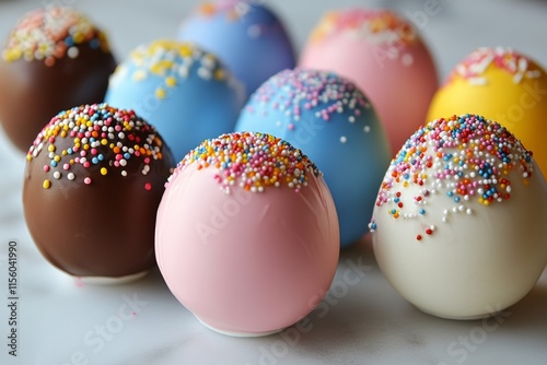 Colorful chocolate truffles with sprinkles arranged in a carton box for a fes...