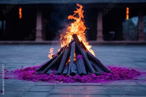 festival celebration, a classic holika dahan bonfire in a courtyard, encircled by colorful holi powders and joyful decorations, creates a festive atmosphere photo