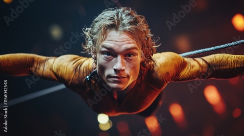 Young man balances above water while holding onto ropes in an adventurous out...
