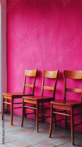 Colorful wooden chairs against a vibrant pink wall in a cozy interior space