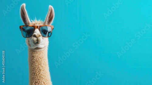 Funny Llama Wearing Sunglasses Posing Against a Bright Blue Background