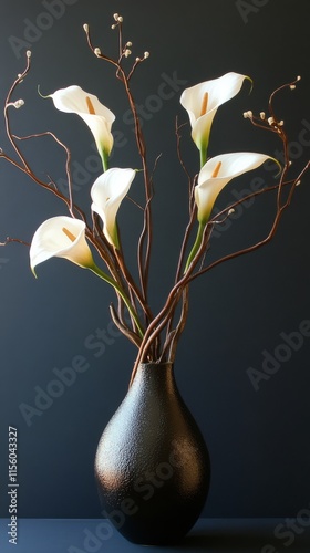 Elegant white calla lilies in a textured black vase against a dark background