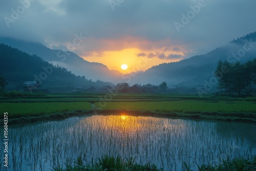Beautiful sunset over tranquil rice fields in the mountains