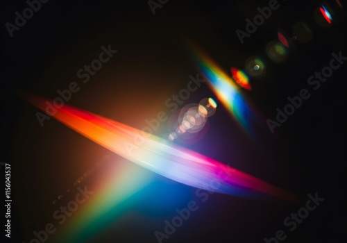 Prism light reflections on black background. Blurred geometric shapes, soft gradients, ethereal visual overlay effect. Glowing colorful lights and bokeh lens flare, refraction of sunlight prism light