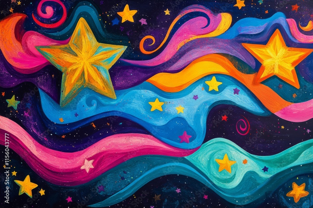 Colorful abstract mural depicting vibrant cosmic shapes and patterns in a contemporary art style