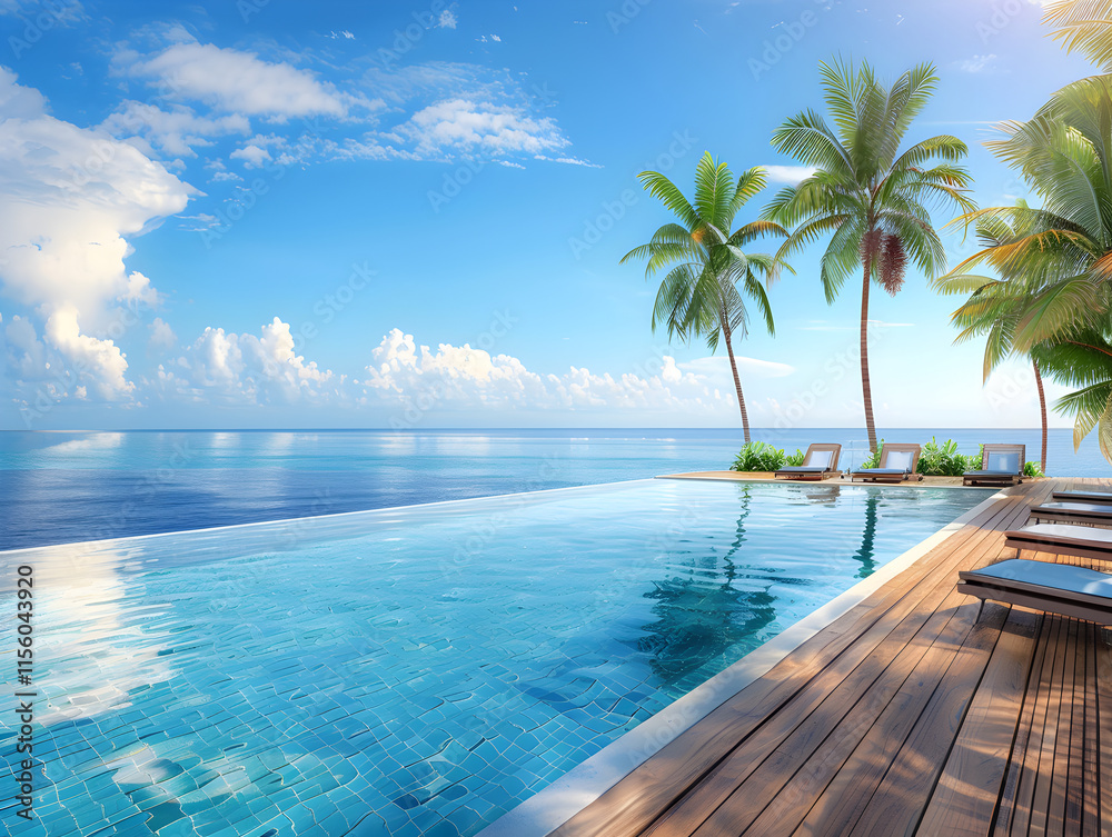 Fototapeta premium Luxurious Infinity Pool with a Seamless Ocean Horizon Surrounded by Lounge Chairs and Tropical Palm Trees