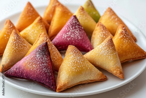 traditional jewish treats, colorful purim hamantaschen on a plate, set against a pure white background, prepared for festive celebration photo