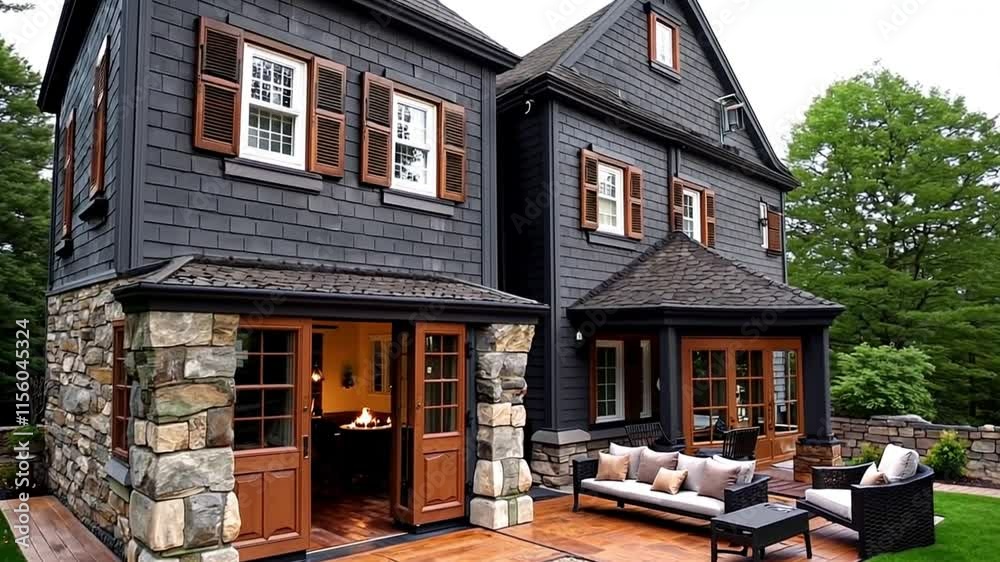 A craftsman home with charcoal gray siding, polished stone accents, and a patio with outdoor seating. A craftsman home with charcoal gray siding, polished stone accents, and a patio with outdoor seating.