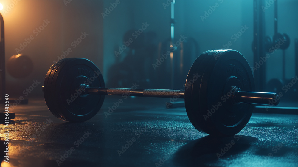 Fototapeta premium Sprzęt do treningu siłowego, w tym sztanga i obciążenia, leży na podłodze siłowni w przyciemnionym oświetleniu.