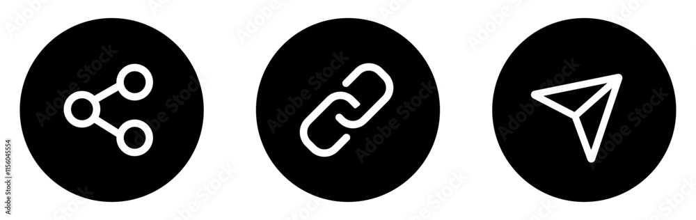 Share button collection. Chain, link and share link vector icon set in black color isolated. Share button icon set isolated on white background. Share icon button flat design. Vector illustration. Share button collection. Chain, link and share link vector icon set in black color isolated. Share button icon set isolated on white background. Share icon button flat design. Vector illustration.