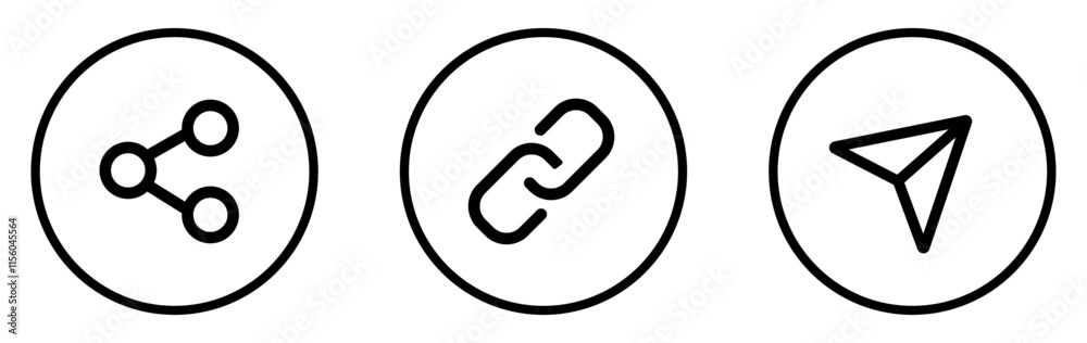 Share button collection. Chain, link and share link vector icon set isolated. Share button icon set isolated on white background. Share icon button flat and outline design. Vector illustration. Share button collection. Chain, link and share link vector icon set isolated. Share button icon set isolated on white background. Share icon button flat and outline design. Vector illustration.