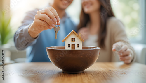 house key in an elegant bowl, in the blur couple buying a house photo