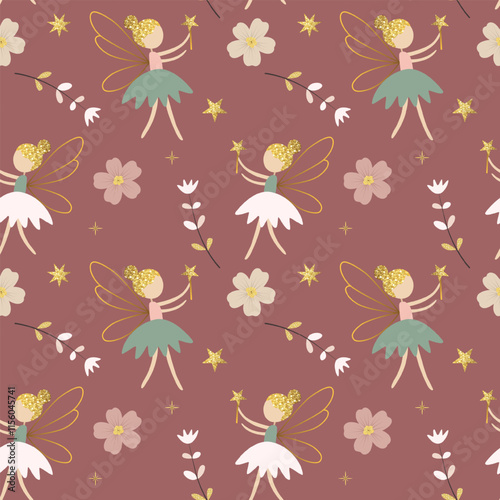 Seamless pattern with cute fairies and flowers. Fairy tale springtime background. Cartoon patterns.