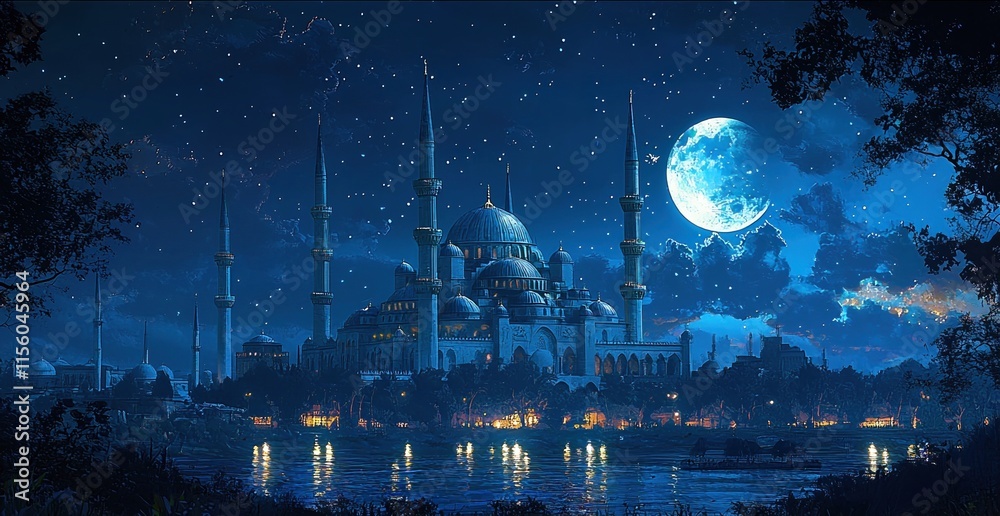 Obraz premium Majestic mosque illuminated at night with multiple spires under a starry sky