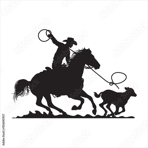 Cowboy riding horse, lassoing calf rodeo