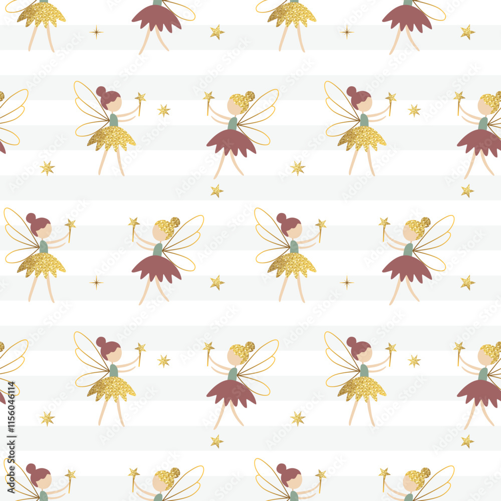 Seamless pattern with cute fairies and shining golden stars. Gentle childish background Seamless pattern with cute fairies and shining golden stars. Gentle childish background