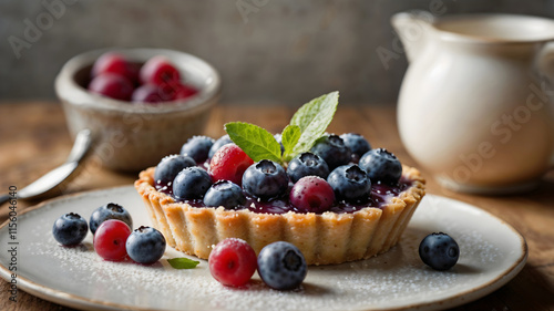 Close-up of a blueberry testy tart with fresh mint leaves on a neutral plate