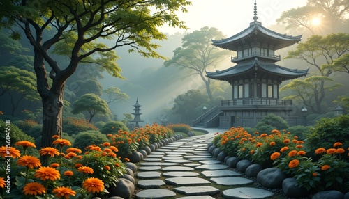 Serene Japanese Garden with Traditional Pagoda