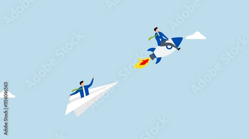 Leadership to win business competition, 4k animation of entrepreneur traveling swiftly in rocket to outpace rival origami aircraft.  photo