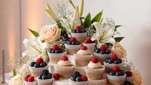 Obraz na płótnie Elegant and testy cupcake display with floral arrangement