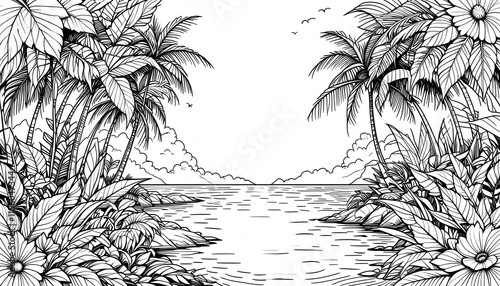 Wallpaper Mural black and white anti-stress tropical coloring page for adult Torontodigital.ca
