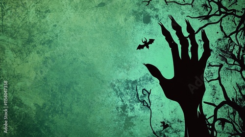 Halloween-Themed Zombie Hand on Green Background photo