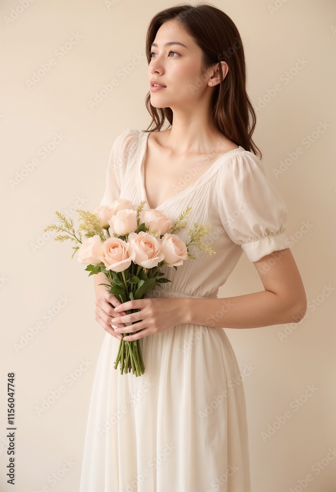 Young woman holding bouquet of roses in elegant dress against soft background for Women's Day Young woman holding bouquet of roses in elegant dress against soft background for Women's Day