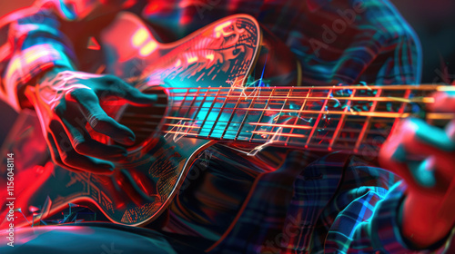 High-energy electric guitar radiating vivid red and blue cosmic energy in space