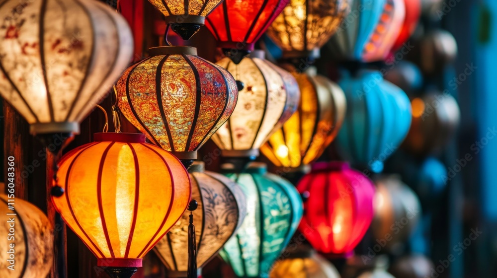 A Colorful Display of Intricately Designed Lanterns in Various Shapes and Colors Hanging Together in a Vibrant Marketplace