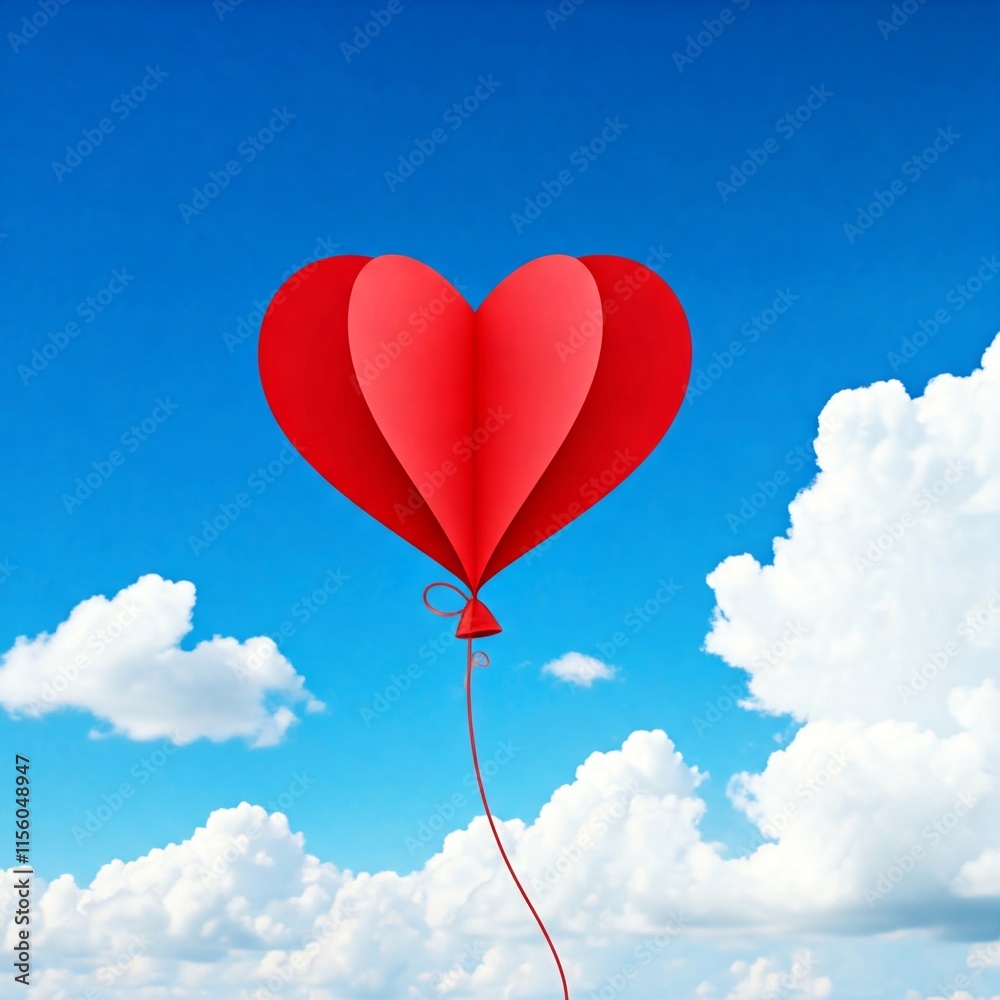 Fototapeta premium heart shaped paper balloon. Various gift boxes floating among paper clouds love concept All made of paper, Origami made red hot air balloon float in the air, paper art design and craft style.