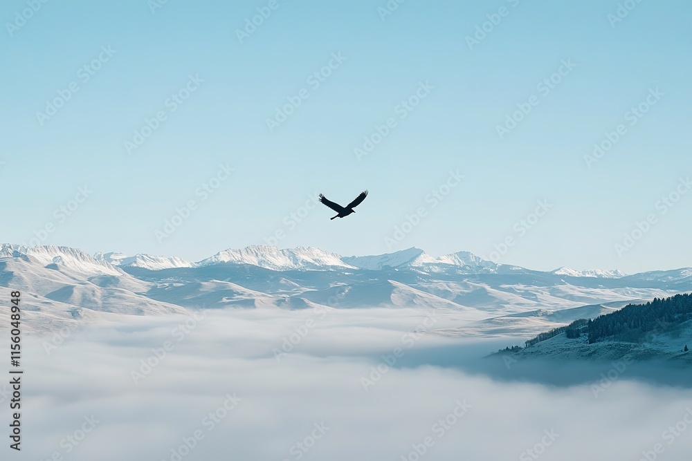 Silhouettes of mountains in the mist and bird flying Silhouettes of mountains in the mist and bird flying