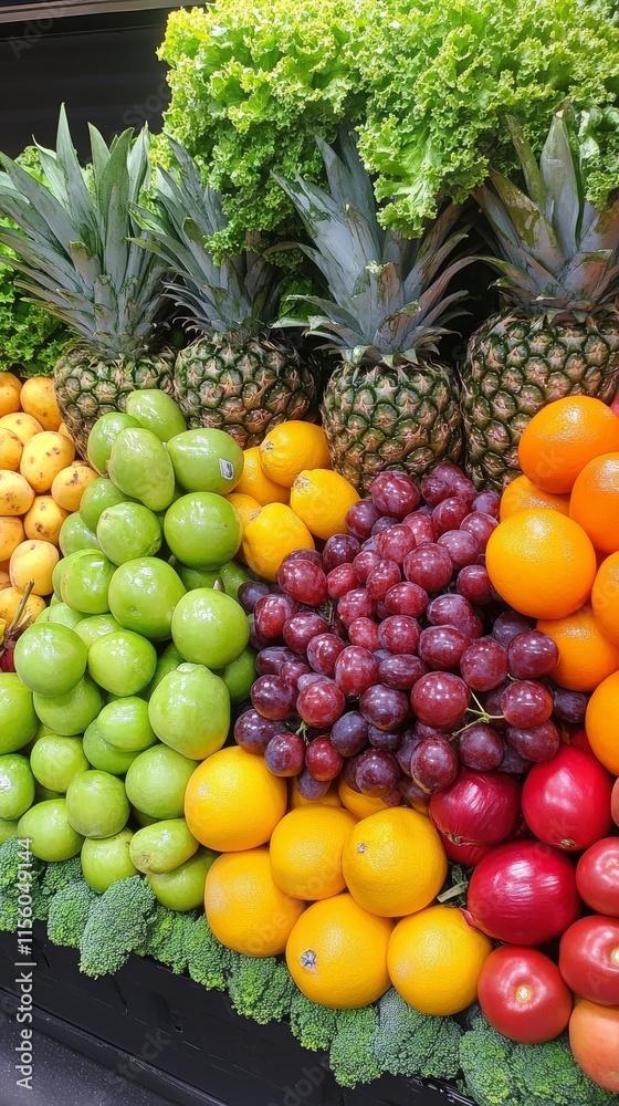 Vibrant display of assorted fruits and vegetables arranged harmoniously on a table Vibrant display of assorted fruits and vegetables arranged harmoniously on a table
