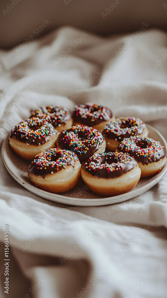 Plate of Chocolate Donuts with Sprinkles: A Cozy Dessert Scene Plate of Chocolate Donuts with Sprinkles: A Cozy Dessert Scene