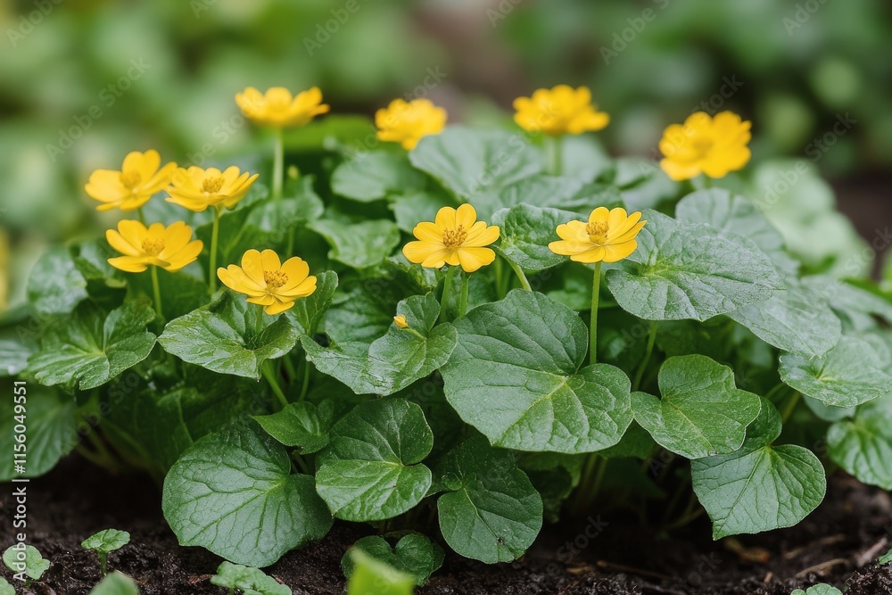 Bright yellow flowers bloom among lush green leaves in a botanical garden setting during spring