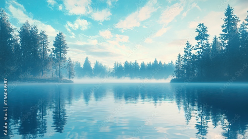 Fototapeta premium Symmetrical view of natural landscape reflected in calm water, highlighting minimalism , symmetry, reflection, nature