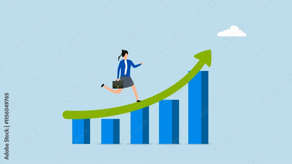 Work improvement, 4k animation of businesswoman ascending an upward arrow on a performance enhancement bar chart. Work improvement, 4k animation of businesswoman ascending an upward arrow on a performance enhancement bar chart.