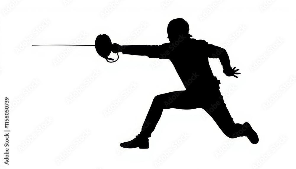 Dynamic silhouette of a fencer in a striking pose during an intense competition at dusk in an outdoor arena Dynamic silhouette of a fencer in a striking pose during an intense competition at dusk in an outdoor arena