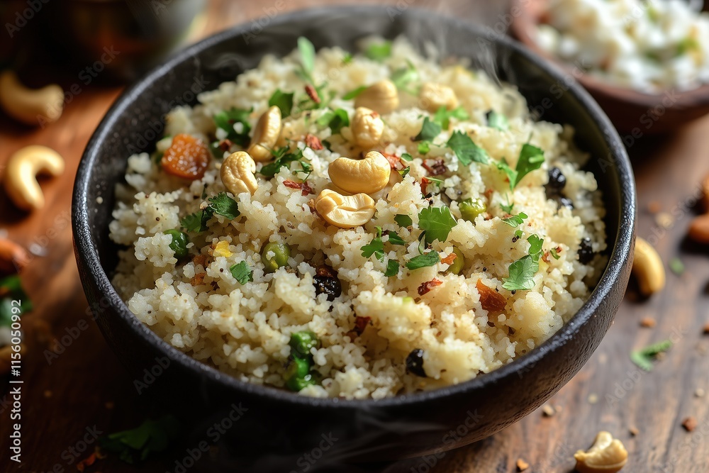 Fluffy Upma with Roasted Cashews, Curry Leaves, and Coconut Chutney Styled on Rustic Wooden Table Fluffy Upma with Roasted Cashews, Curry Leaves, and Coconut Chutney Styled on Rustic Wooden Table