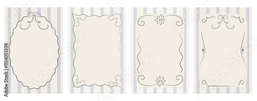 A set of ink hand-drawn vintage frames with bows and wavy lines. A template for wedding invitations, greeting posters, and cards. Minimalistic vector illustration.