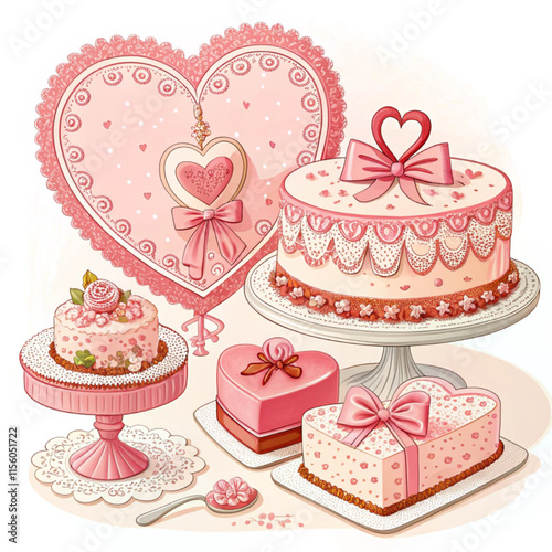 Coquette cake, Vintage Pink Cake Collection with Retro Decorations and Heart cake, pink coquette clipart , y2k clipart, pink ribbon, Pink Coquette Ribbon Clipart Gift bow valentine. vector illustratio