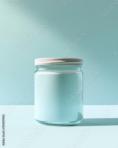 A glass jar filled with a light blue substance against a minimalist background.