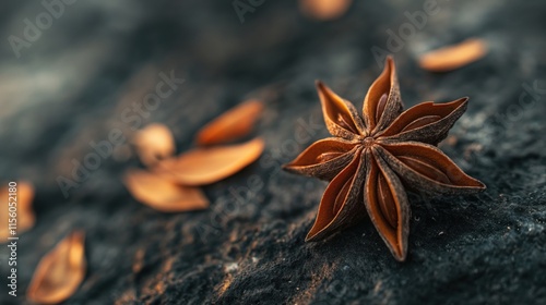 Macro shot of a vibrant star anise pod resting on a natural dark background, highlighting its symmetrical design and culinary significance. photo