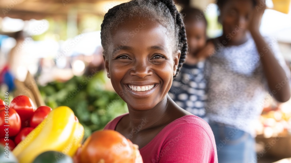 Fototapeta premium Joyful woman at a vibrant market stall surrounded by fresh produce, showcasing the beauty of community and healthy living while promoting local agriculture