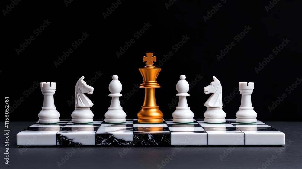 A striking image featuring a golden king chess piece flanked by white chess pieces on a black and white marble board, symbolizing power and strategy in chess. A striking image featuring a golden king chess piece flanked by white chess pieces on a black and white marble board, symbolizing power and strategy in chess.
