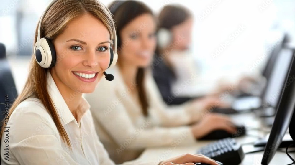 Professional Customer Service Representative with Headset Smiling at Desk in Call Center Environment with Colleagues in Background Professional Customer Service Representative with Headset Smiling at Desk in Call Center Environment with Colleagues in Background